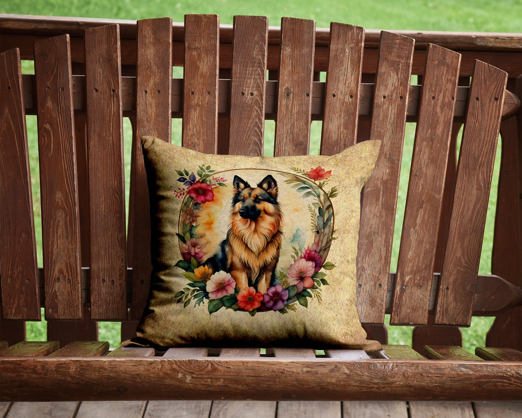 Belgian Tervuren and Flowers Decorative Throw Pillow 14x14 Indoor Outdoor Accent Cushion, Fabric Cover with Insert for Sofa, Bed, Porch & Living Room