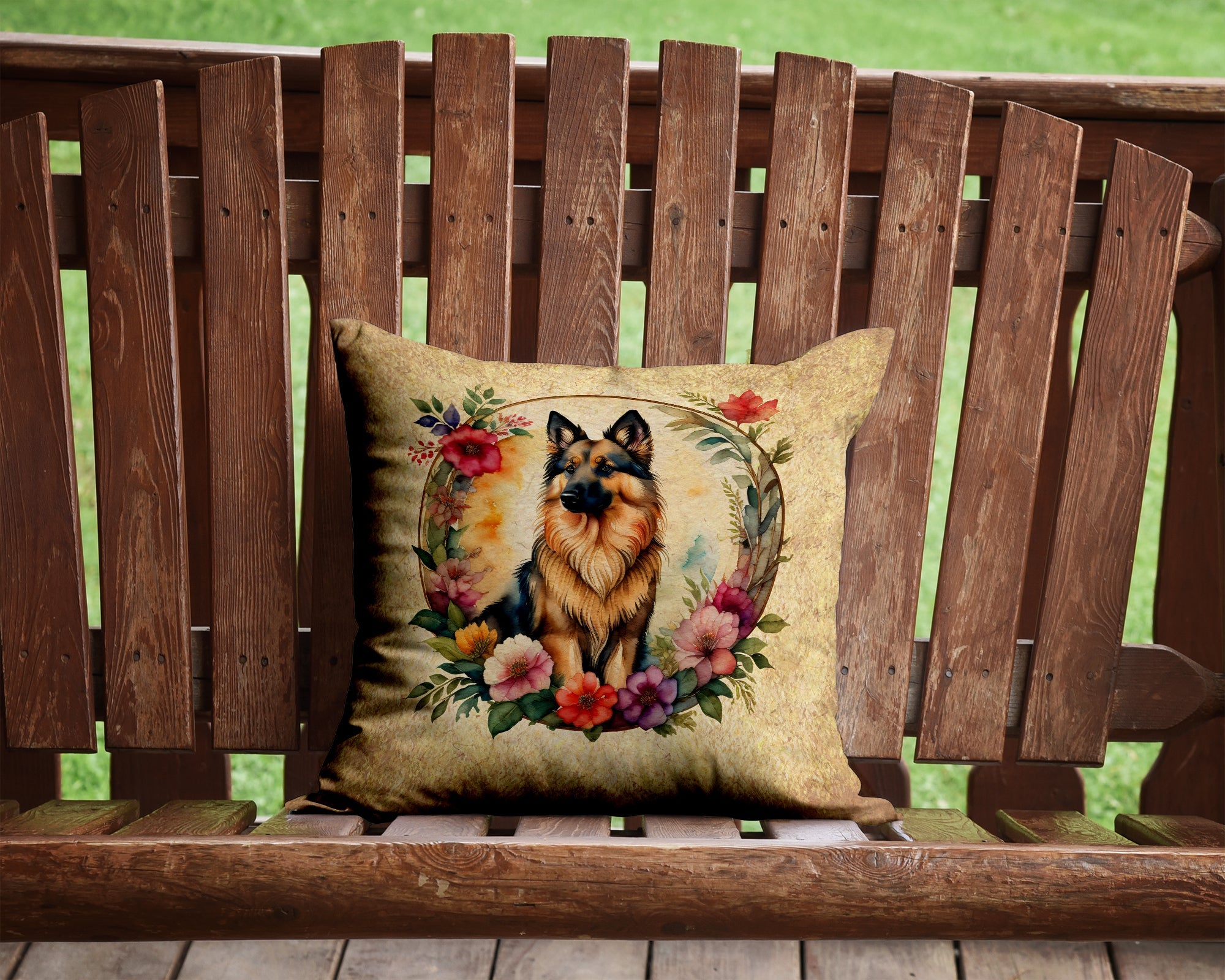 Belgian Tervuren and Flowers Decorative Throw Pillow 14x14 Indoor Outdoor Accent Cushion, Fabric Cover with Insert for Sofa, Bed, Porch & Living Room