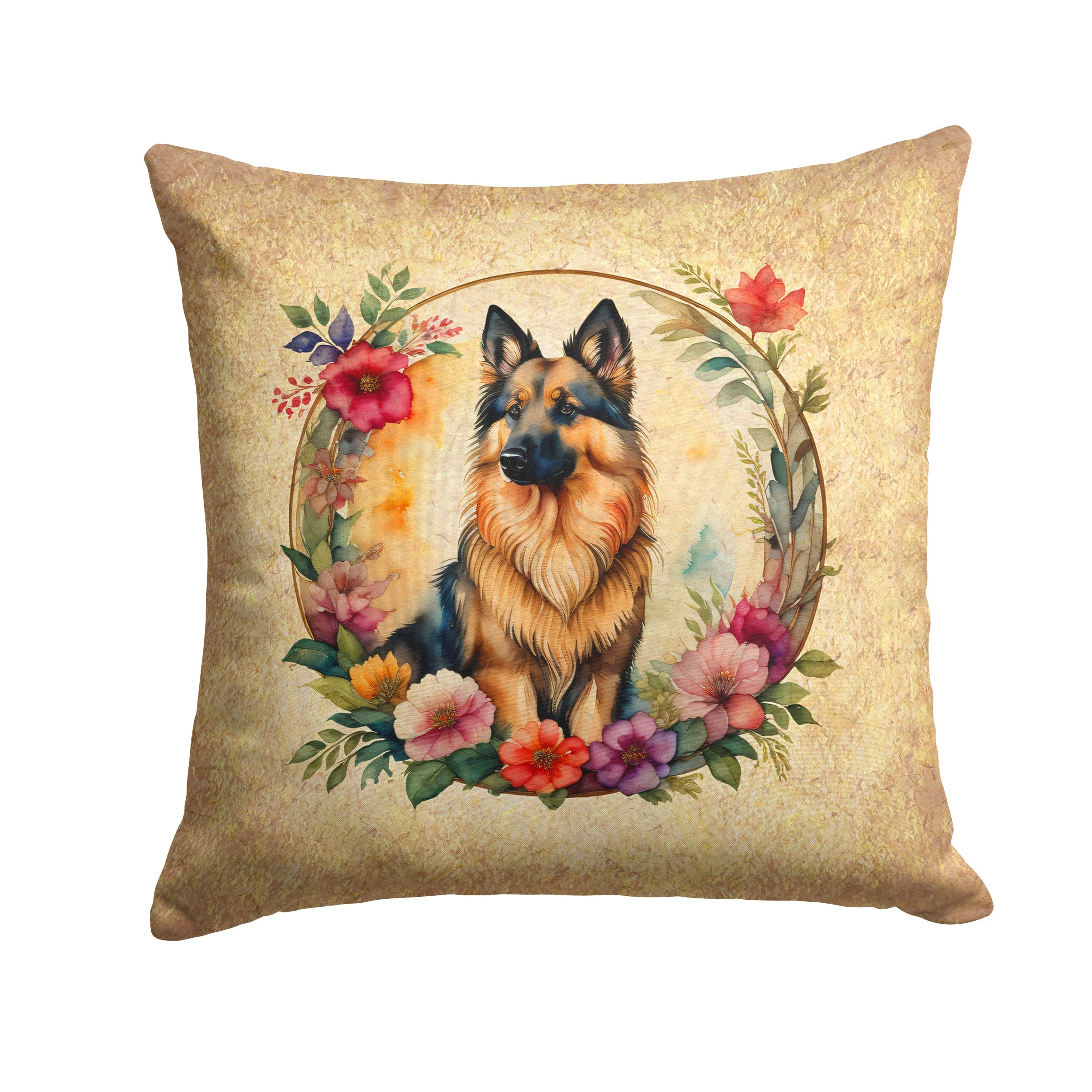 Belgian Tervuren and Flowers Decorative Throw Pillow 18x18 Indoor Outdoor Accent Cushion, Fabric Cover with Insert for Sofa, Bed, Porch & Living Room