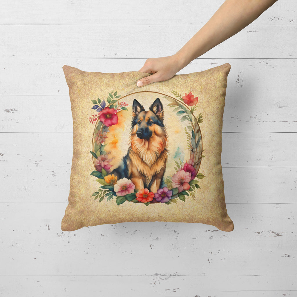 Belgian Tervuren and Flowers Decorative Throw Pillow 18x18 Indoor Outdoor Accent Cushion, Fabric Cover with Insert for Sofa, Bed, Porch & Living Room