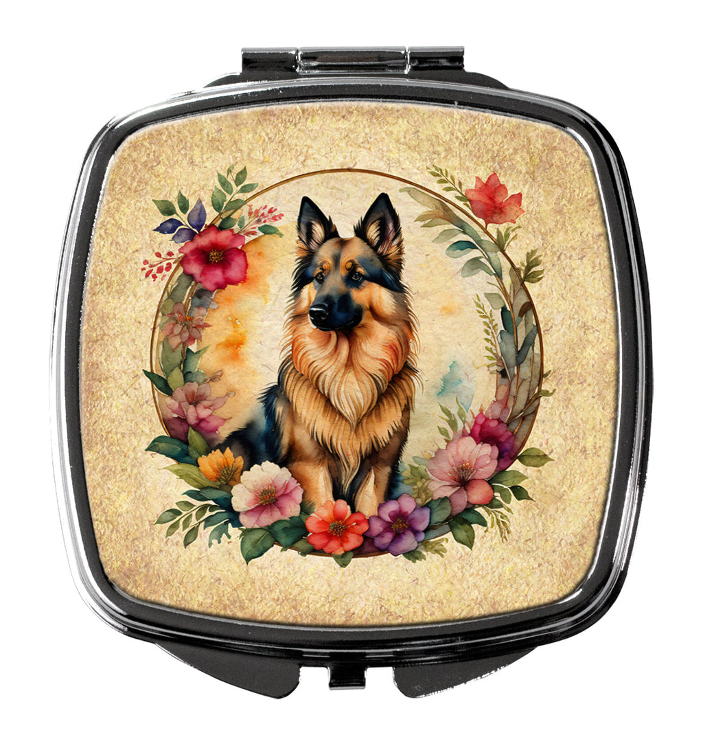 Belgian Tervuren and Flowers Compact Mirror Decorative Travel Makeup Mirror for Women Girls Gifts Pocket Makeup Mirror Folding Handheld