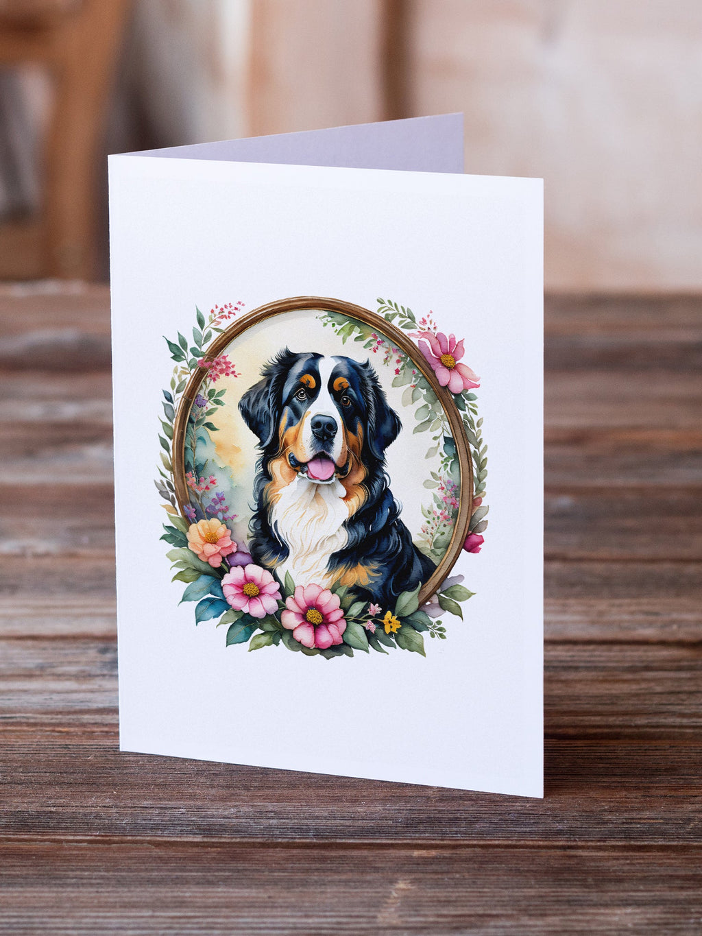 Bernese Mountain Dog and Flowers Greeting Cards Pack of 8 Blank Cards with Envelopes Whimsical A7 Size 5x7