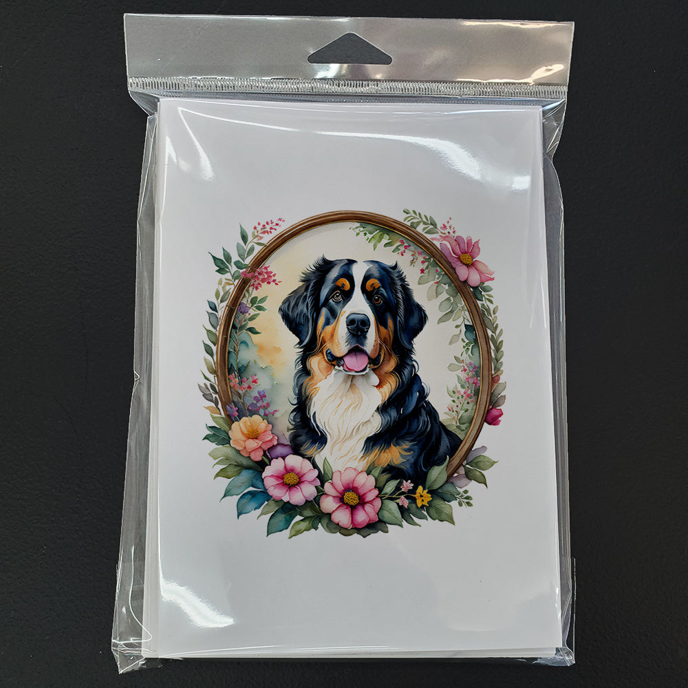 Bernese Mountain Dog and Flowers Greeting Cards Pack of 8 Blank Cards with Envelopes Whimsical A7 Size 5x7