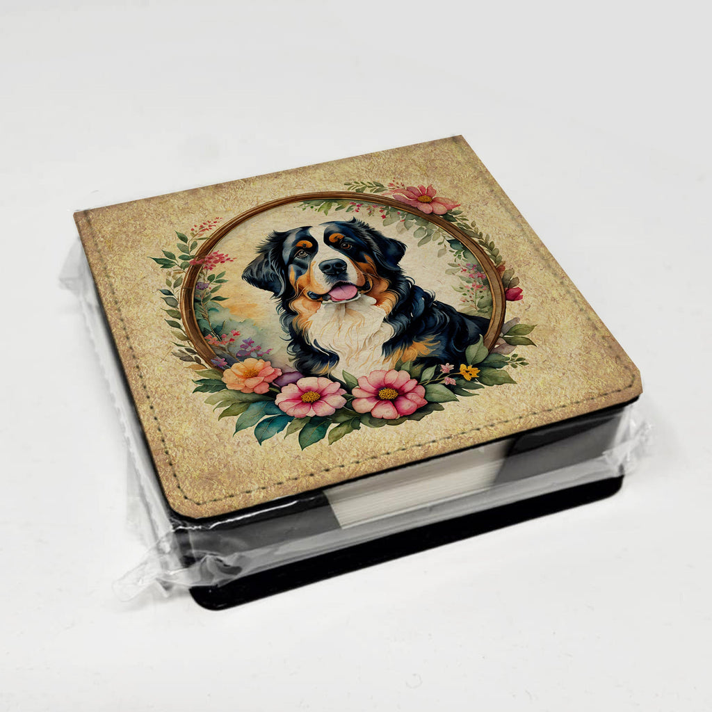 Bernese Mountain Dog and Flowers PU Leather Note Paper Holder with Artist-Designed Cover, Desk Accessory, Office Gift