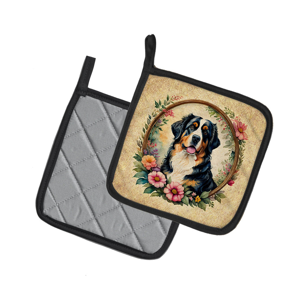 Bernese Mountain Dog and Flowers Pot Holder Set of 2 Heat Resistant Quilted Hot Pads 7.5 x 7.5 Inch, Insulated Kitchen Trivets for Cooking & Baking