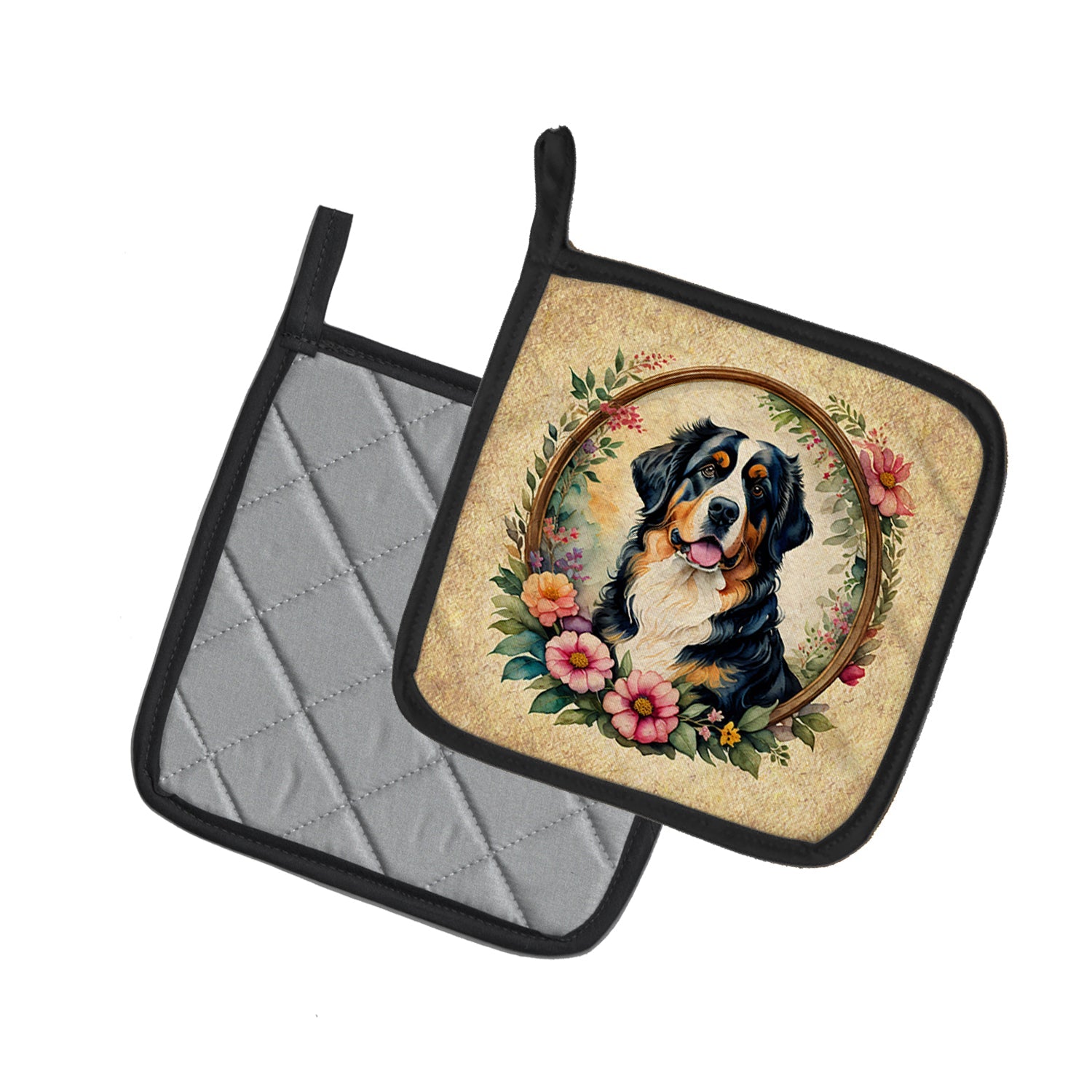 Bernese Mountain Dog and Flowers Pot Holder Set of 2 Heat Resistant Quilted Hot Pads 7.5 x 7.5 Inch, Insulated Kitchen Trivets for Cooking & Baking