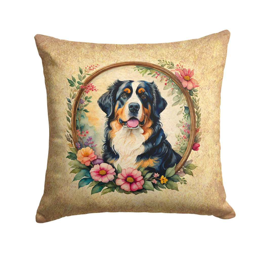 Bernese Mountain Dog and Flowers Decorative Throw Pillow 14x14 Indoor Outdoor Accent Cushion, Fabric Cover with Insert for Sofa, Bed, Porch & Living Room