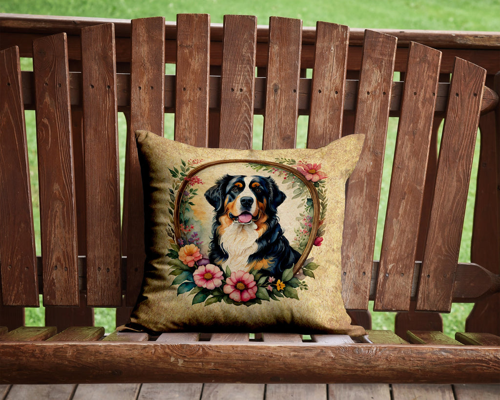 Bernese Mountain Dog and Flowers Decorative Throw Pillow 14x14 Indoor Outdoor Accent Cushion, Fabric Cover with Insert for Sofa, Bed, Porch & Living Room