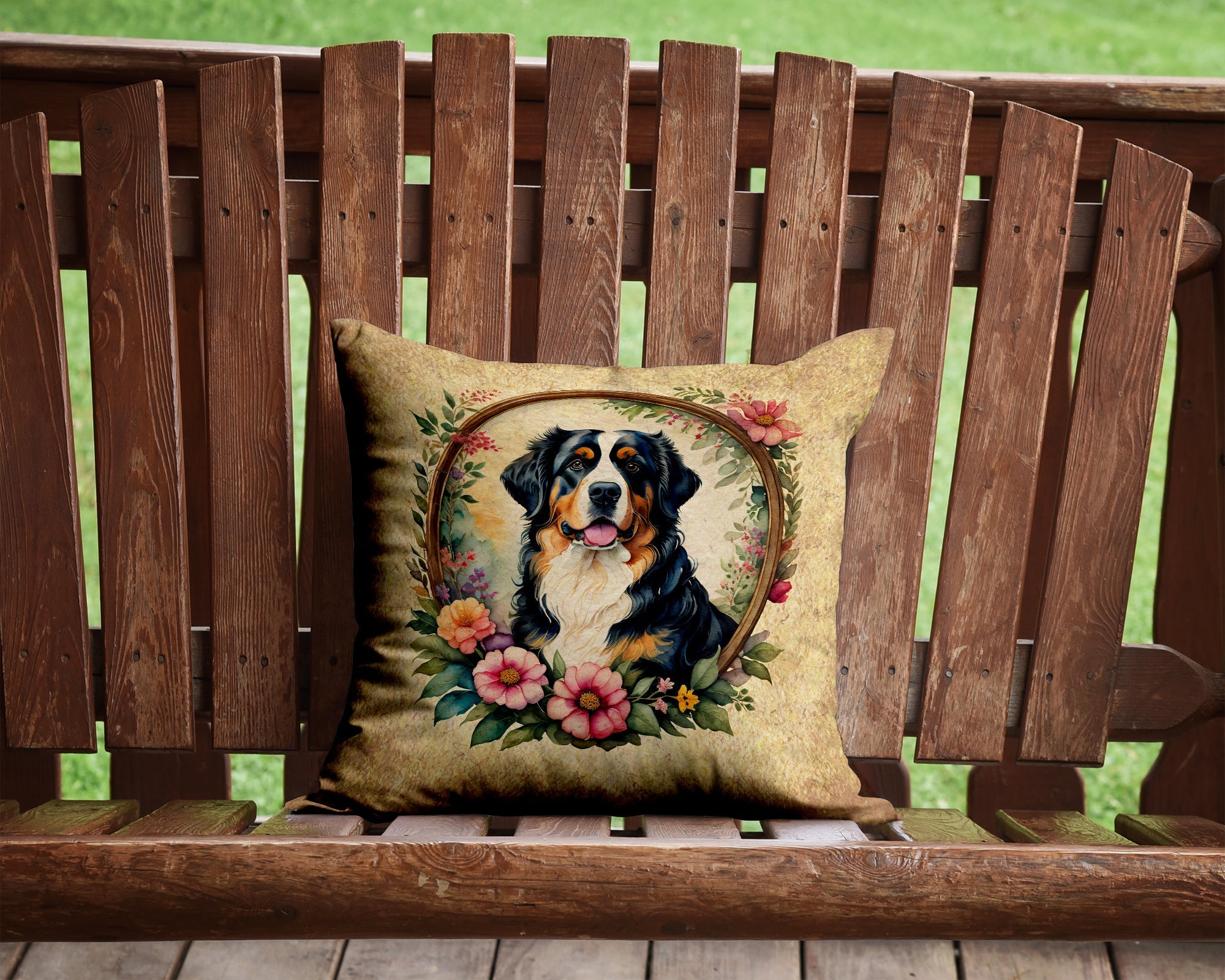 Bernese Mountain Dog and Flowers Decorative Throw Pillow 14x14 Indoor Outdoor Accent Cushion, Fabric Cover with Insert for Sofa, Bed, Porch & Living Room
