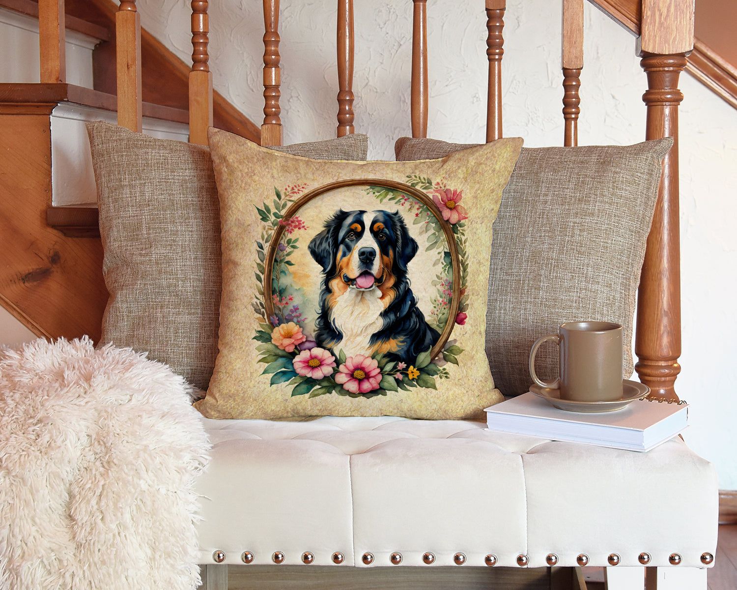 Bernese Mountain Dog and Flowers Decorative Throw Pillow 14x14 Indoor Outdoor Accent Cushion, Fabric Cover with Insert for Sofa, Bed, Porch & Living Room