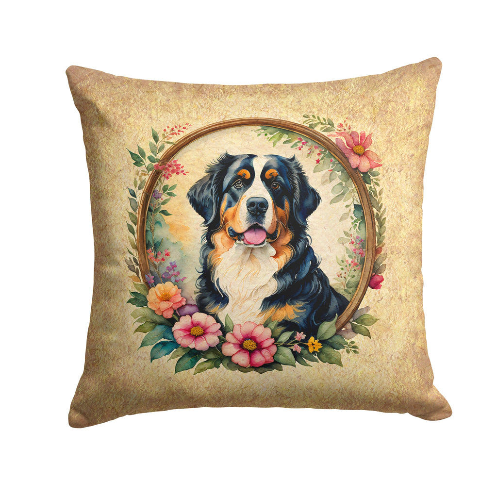 Bernese Mountain Dog and Flowers Decorative Throw Pillow 18x18 Indoor Outdoor Accent Cushion, Fabric Cover with Insert for Sofa, Bed, Porch & Living Room