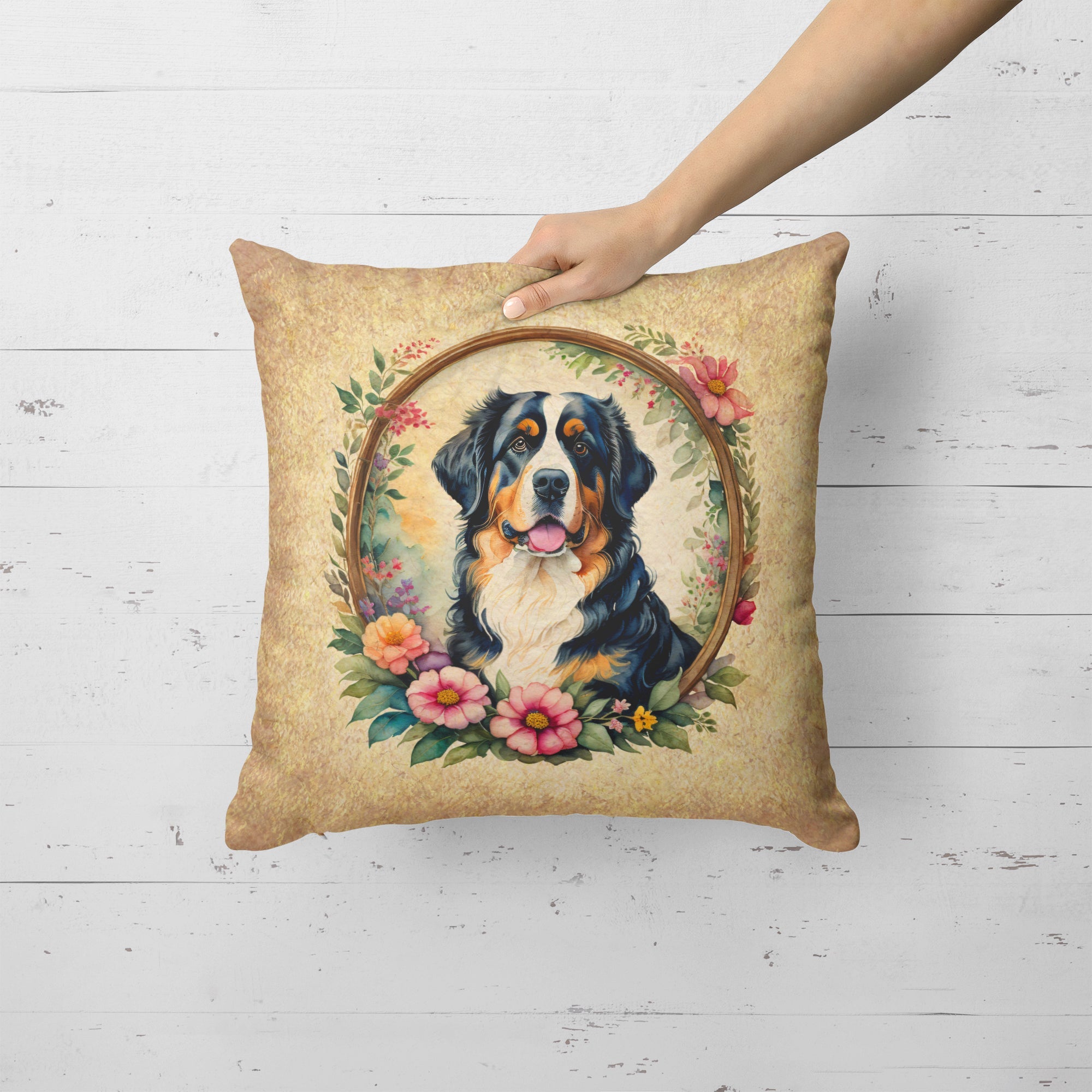 Bernese Mountain Dog and Flowers Decorative Throw Pillow 18x18 Indoor Outdoor Accent Cushion, Fabric Cover with Insert for Sofa, Bed, Porch & Living Room