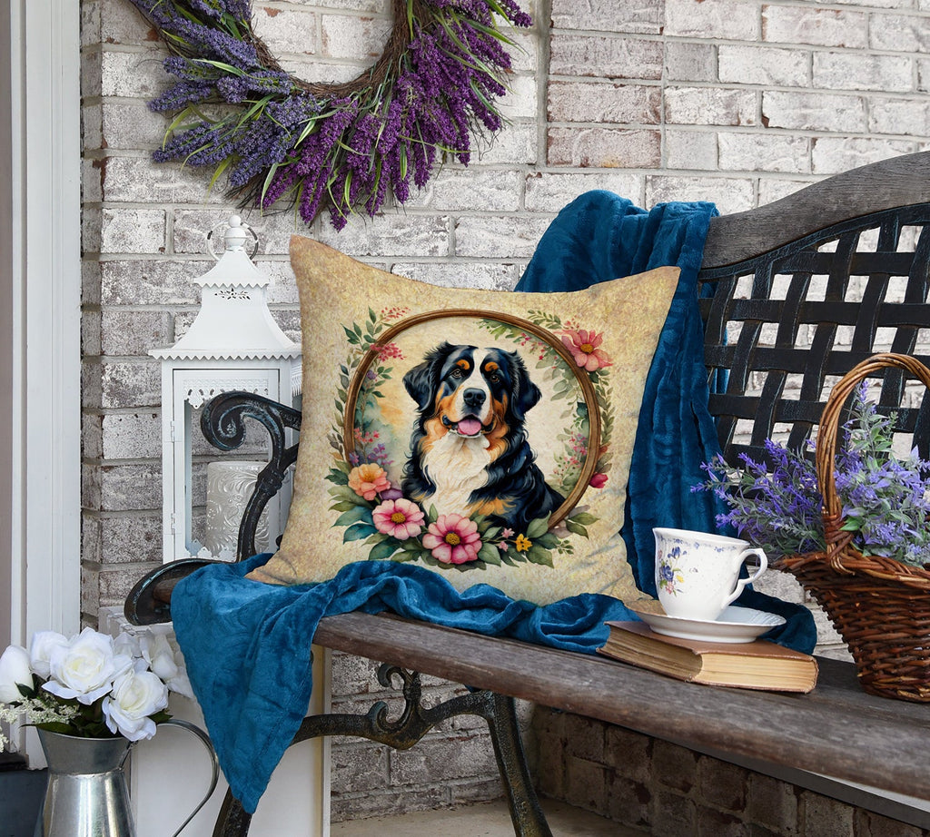 Bernese Mountain Dog and Flowers Decorative Throw Pillow 18x18 Indoor Outdoor Accent Cushion, Fabric Cover with Insert for Sofa, Bed, Porch & Living Room