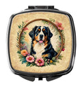 Bernese Mountain Dog and Flowers Compact Mirror Decorative Travel Makeup Mirror for Women Girls Gifts Pocket Makeup Mirror Folding Handheld