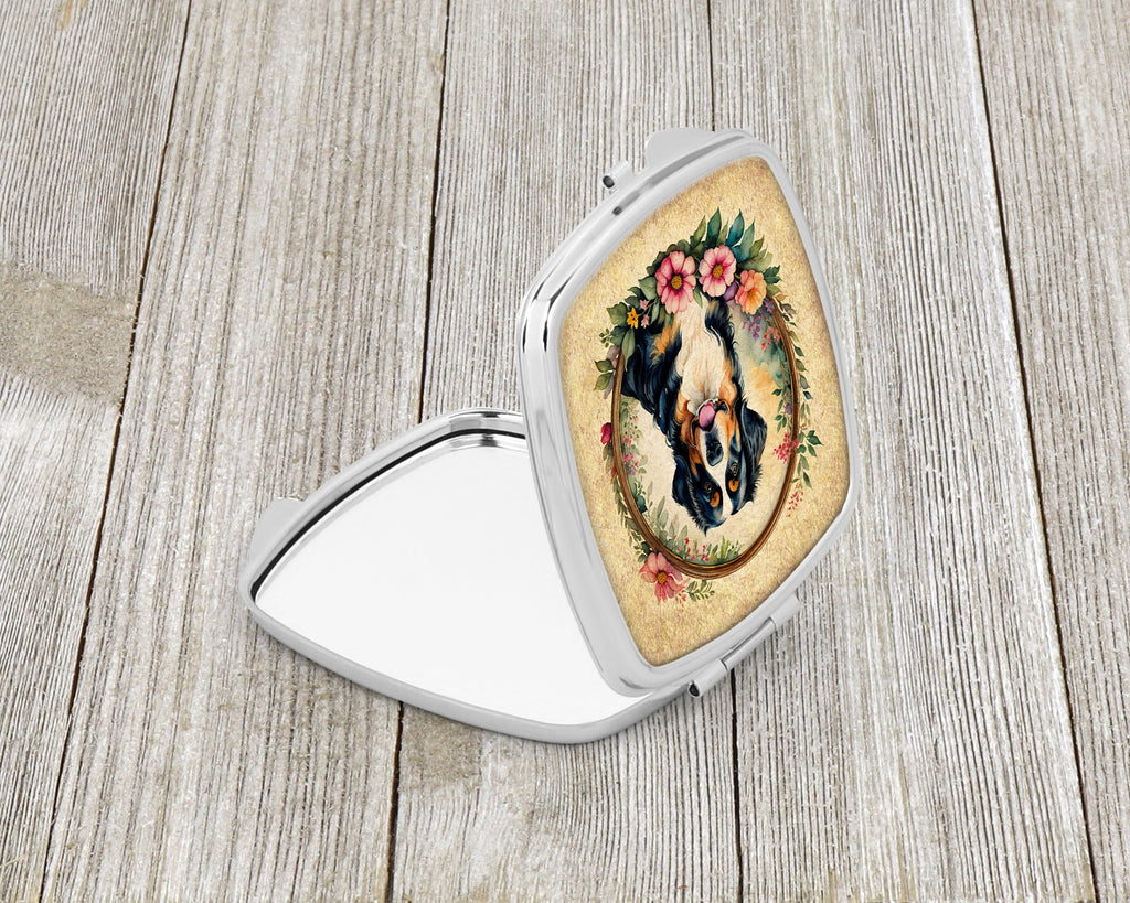 Bernese Mountain Dog and Flowers Compact Mirror Decorative Travel Makeup Mirror for Women Girls Gifts Pocket Makeup Mirror Folding Handheld