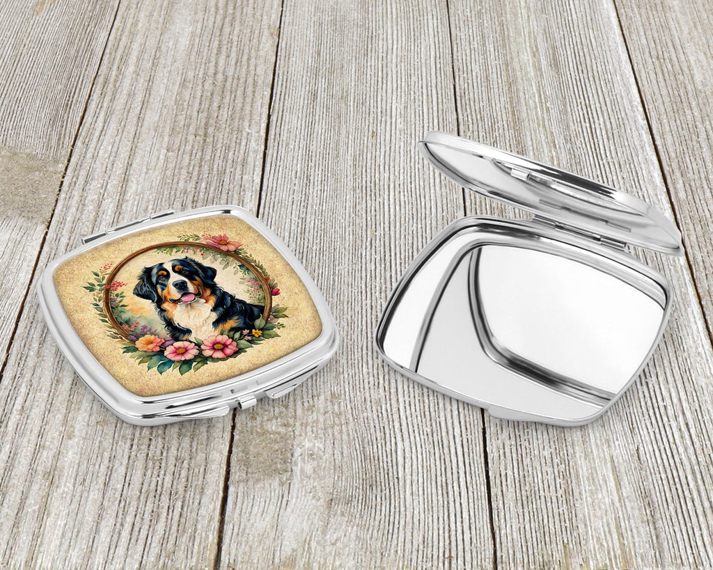 Bernese Mountain Dog and Flowers Compact Mirror Decorative Travel Makeup Mirror for Women Girls Gifts Pocket Makeup Mirror Folding Handheld