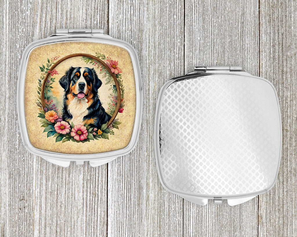 Bernese Mountain Dog and Flowers Compact Mirror Decorative Travel Makeup Mirror for Women Girls Gifts Pocket Makeup Mirror Folding Handheld