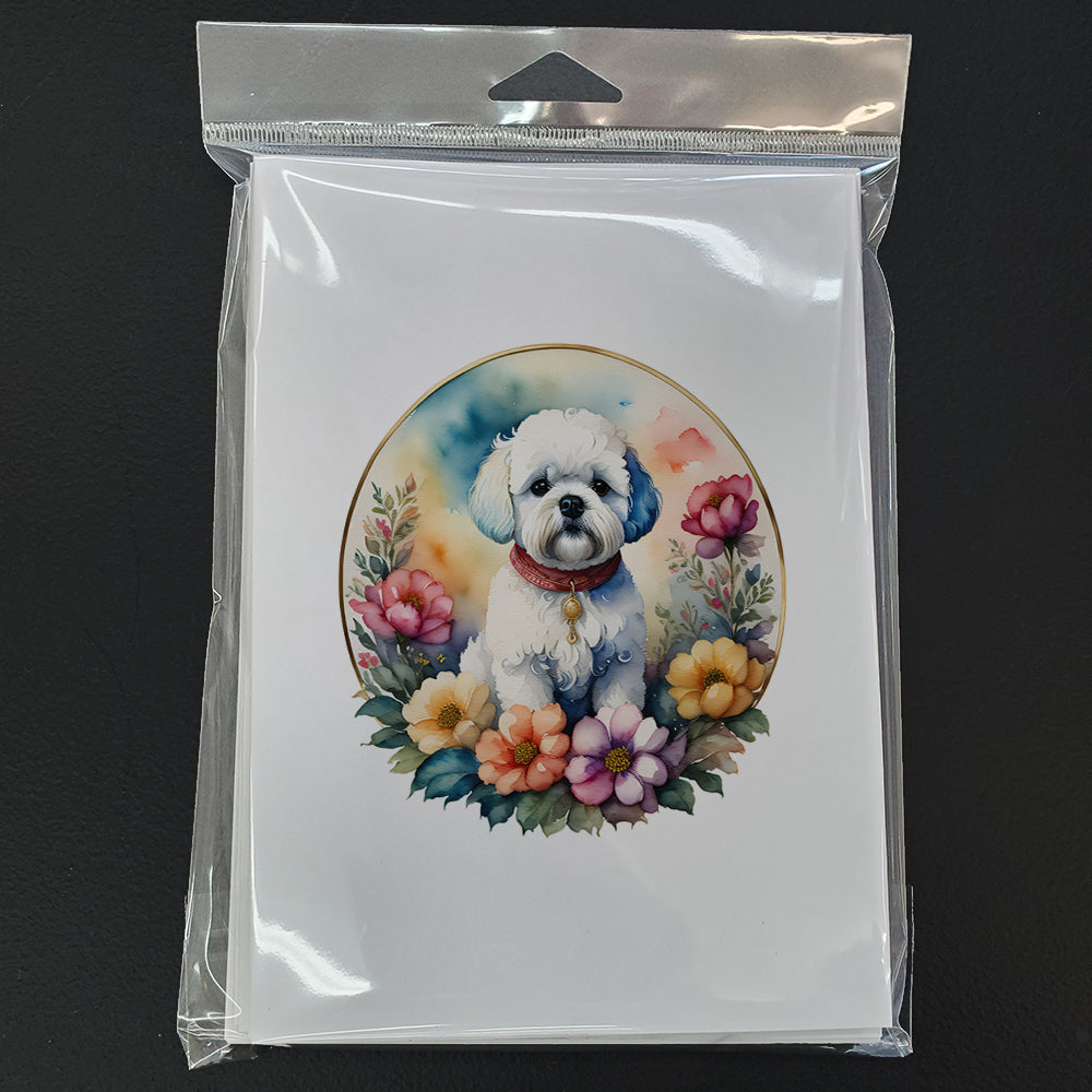 Bichon Frise and Flowers Greeting Cards Pack of 8 Blank Cards with Envelopes Whimsical A7 Size 5x7