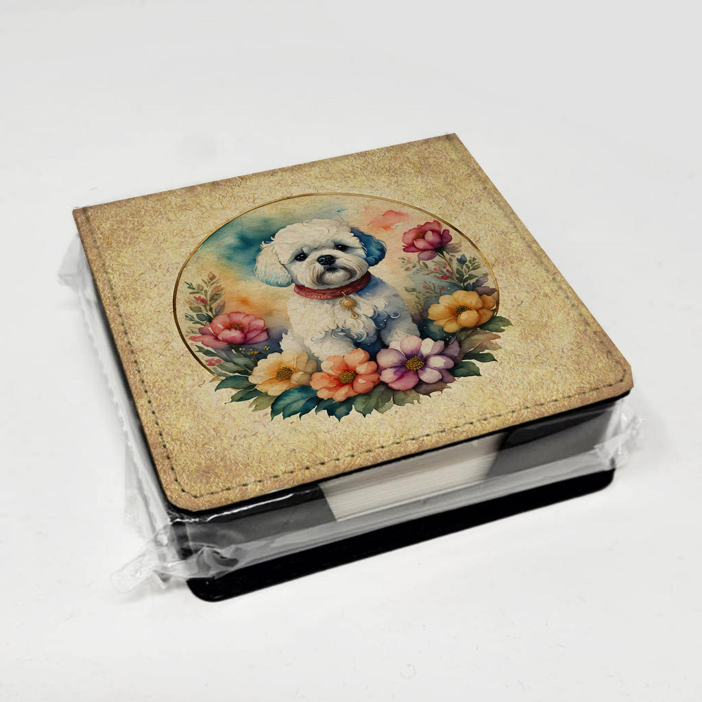Bichon Frise and Flowers PU Leather Note Paper Holder with Artist-Designed Cover, Desk Accessory, Office Gift