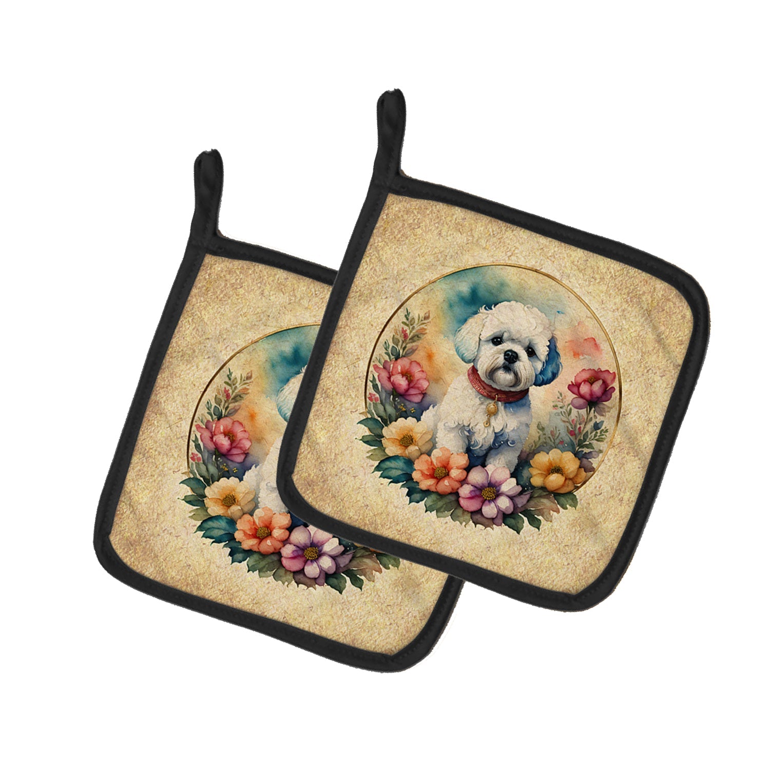 Bichon Frise and Flowers Pot Holder Set of 2 Heat Resistant Quilted Hot Pads 7.5 x 7.5 Inch, Insulated Kitchen Trivets for Cooking & Baking