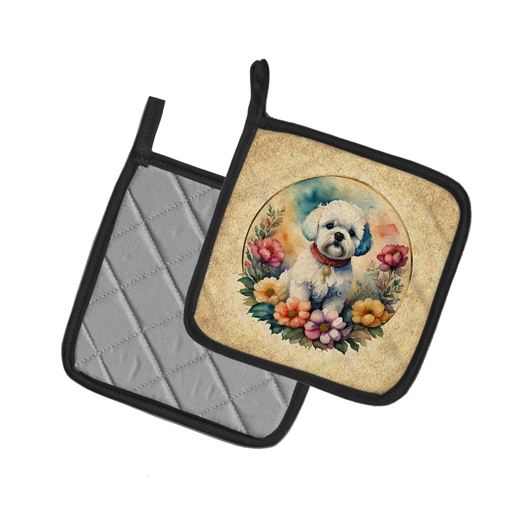 Bichon Frise and Flowers Pot Holder Set of 2 Heat Resistant Quilted Hot Pads 7.5 x 7.5 Inch, Insulated Kitchen Trivets for Cooking & Baking