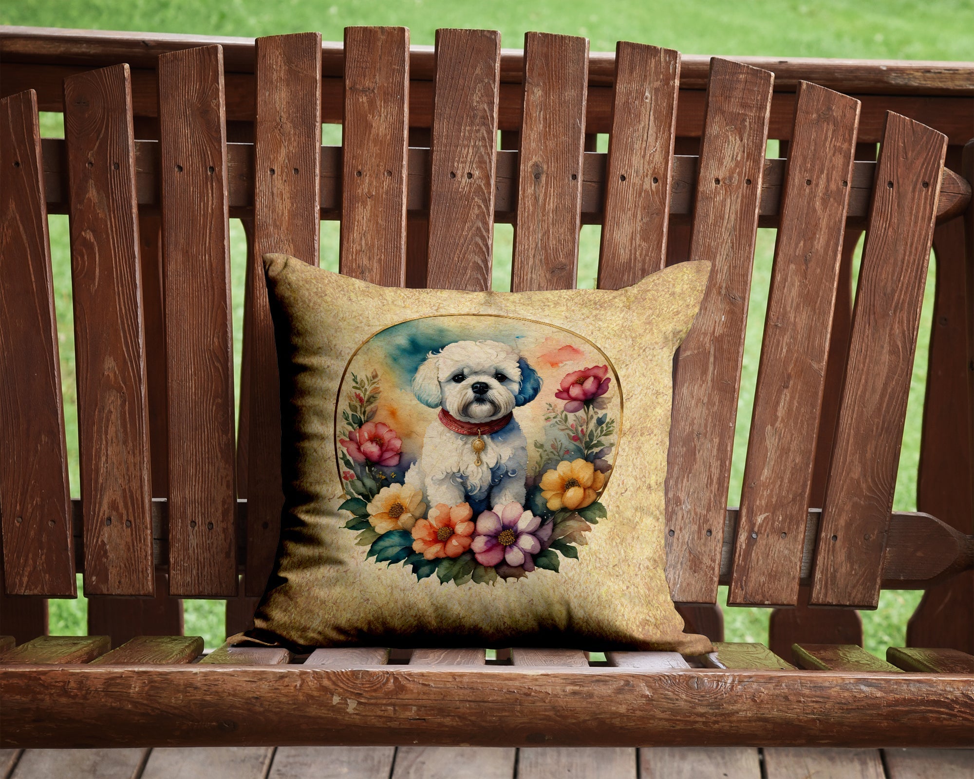 Bichon Frise and Flowers Decorative Throw Pillow 14x14 Indoor Outdoor Accent Cushion, Fabric Cover with Insert for Sofa, Bed, Porch & Living Room