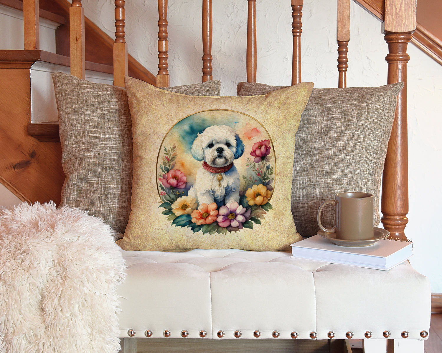 Bichon Frise and Flowers Decorative Throw Pillow 14x14 Indoor Outdoor Accent Cushion, Fabric Cover with Insert for Sofa, Bed, Porch & Living Room