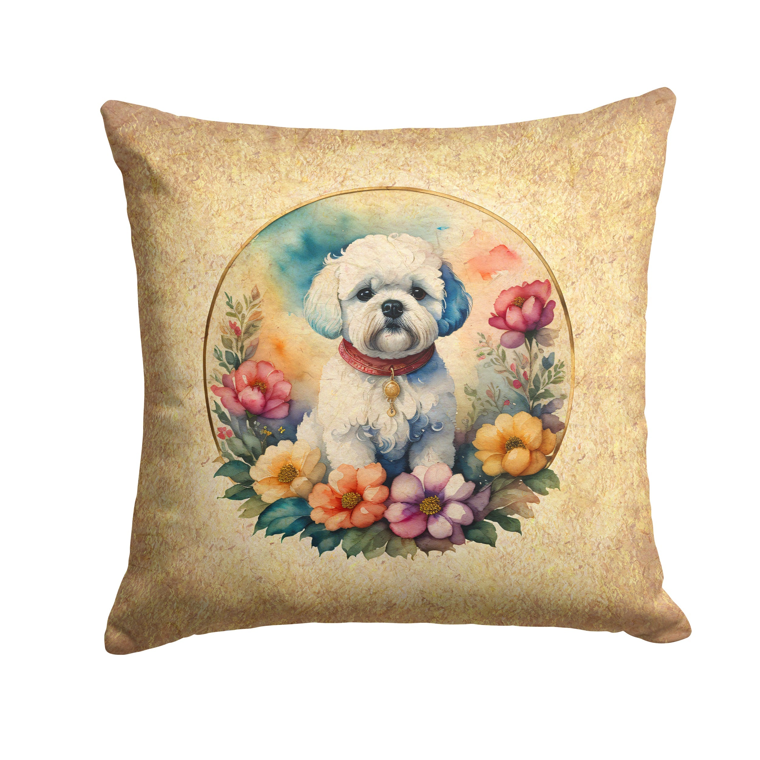 Bichon Frise and Flowers Decorative Throw Pillow 18x18 Indoor Outdoor Accent Cushion, Fabric Cover with Insert for Sofa, Bed, Porch & Living Room