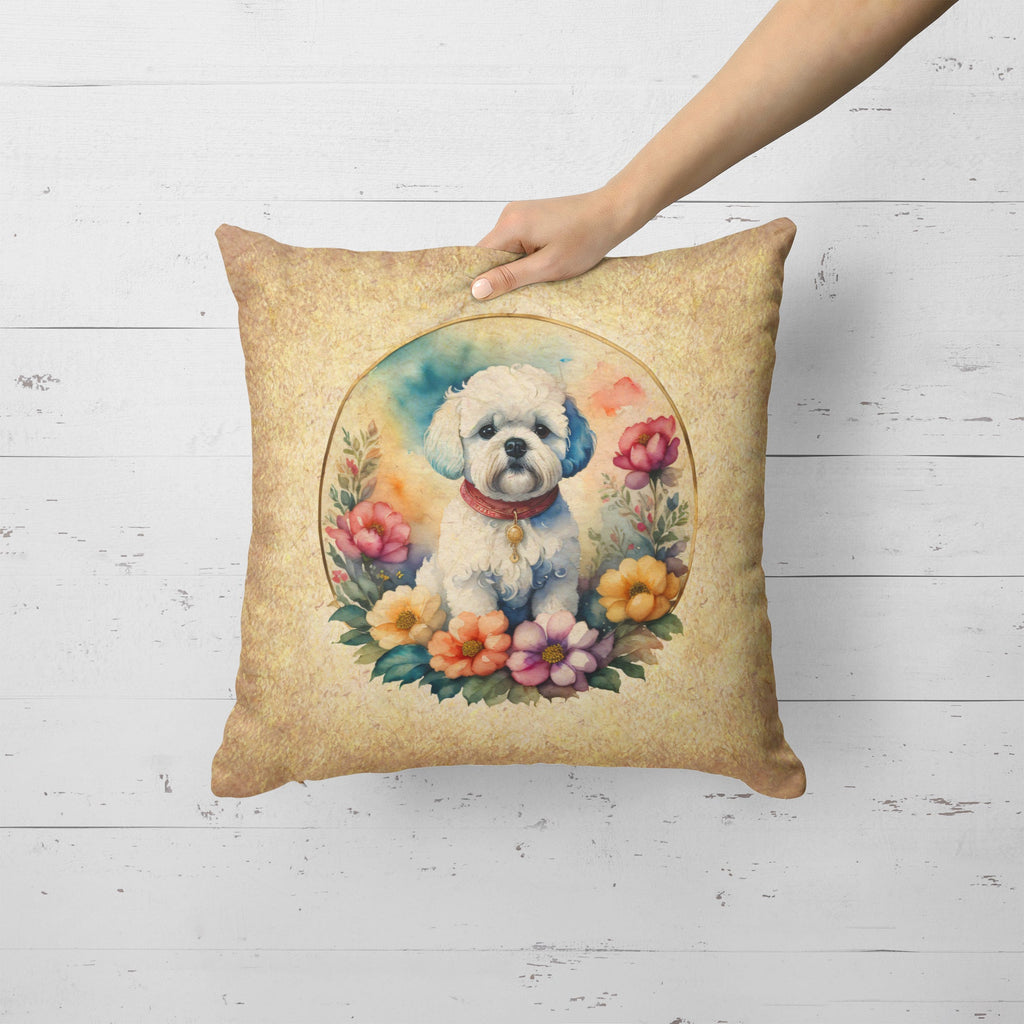 Bichon Frise and Flowers Decorative Throw Pillow 18x18 Indoor Outdoor Accent Cushion, Fabric Cover with Insert for Sofa, Bed, Porch & Living Room