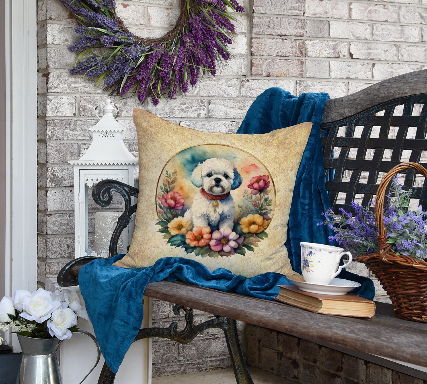 Bichon Frise and Flowers Decorative Throw Pillow 18x18 Indoor Outdoor Accent Cushion, Fabric Cover with Insert for Sofa, Bed, Porch & Living Room