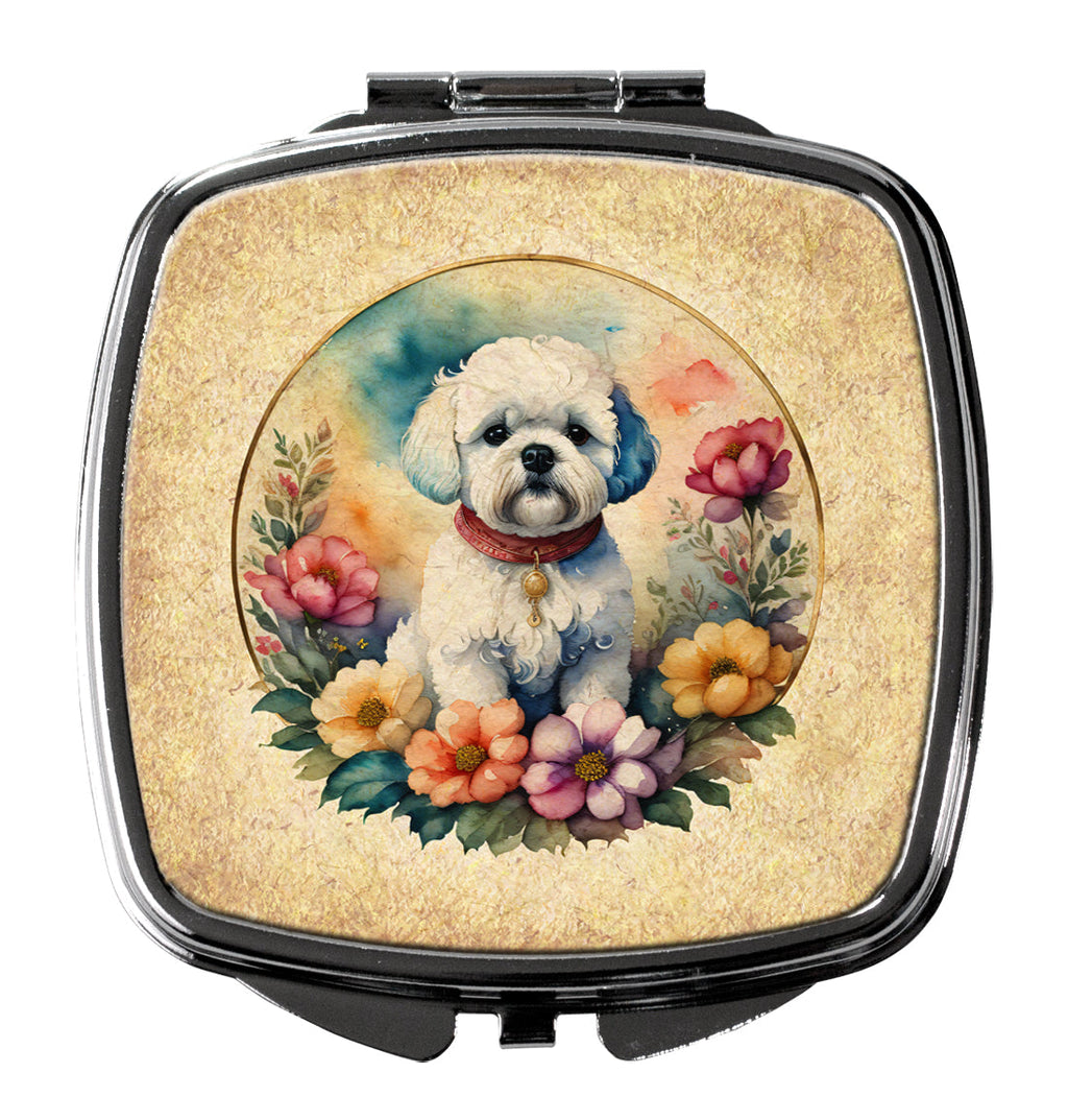 Bichon Frise and Flowers Compact Mirror Decorative Travel Makeup Mirror for Women Girls Gifts Pocket Makeup Mirror Folding Handheld