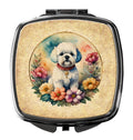 Bichon Frise and Flowers Compact Mirror Decorative Travel Makeup Mirror for Women Girls Gifts Pocket Makeup Mirror Folding Handheld