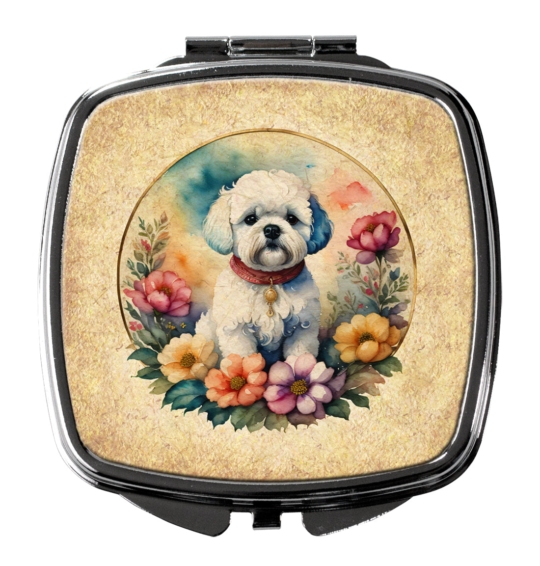 Bichon Frise and Flowers Compact Mirror Decorative Travel Makeup Mirror for Women Girls Gifts Pocket Makeup Mirror Folding Handheld
