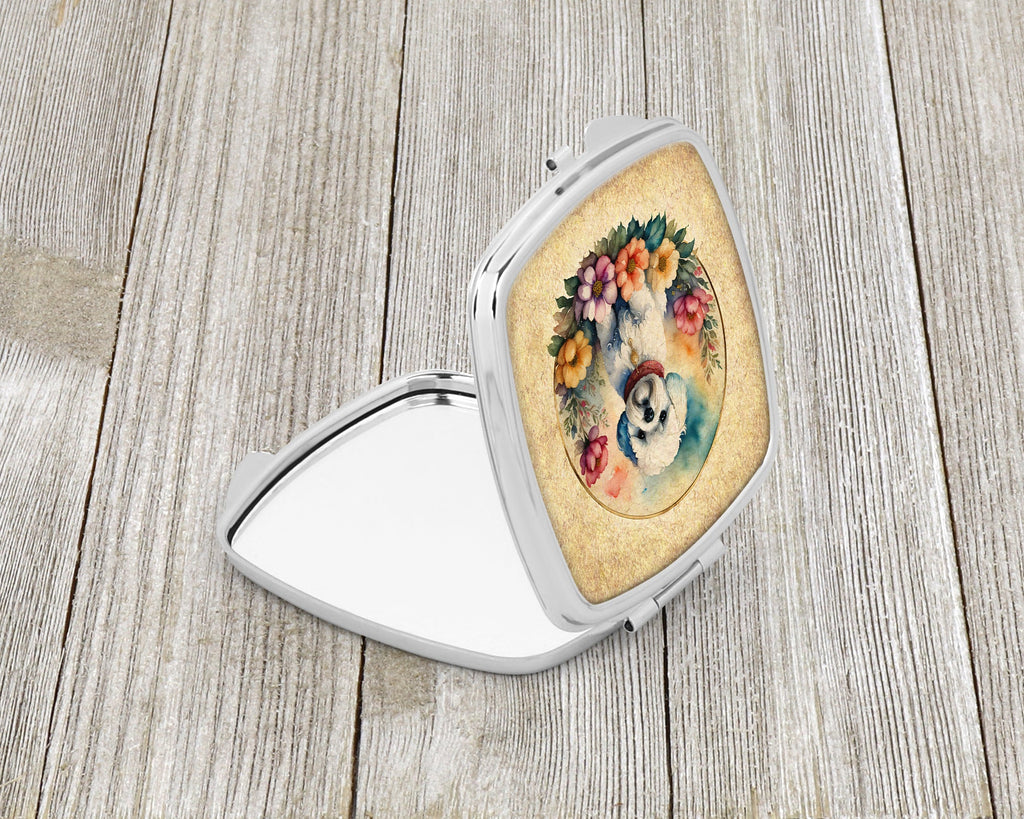 Bichon Frise and Flowers Compact Mirror Decorative Travel Makeup Mirror for Women Girls Gifts Pocket Makeup Mirror Folding Handheld