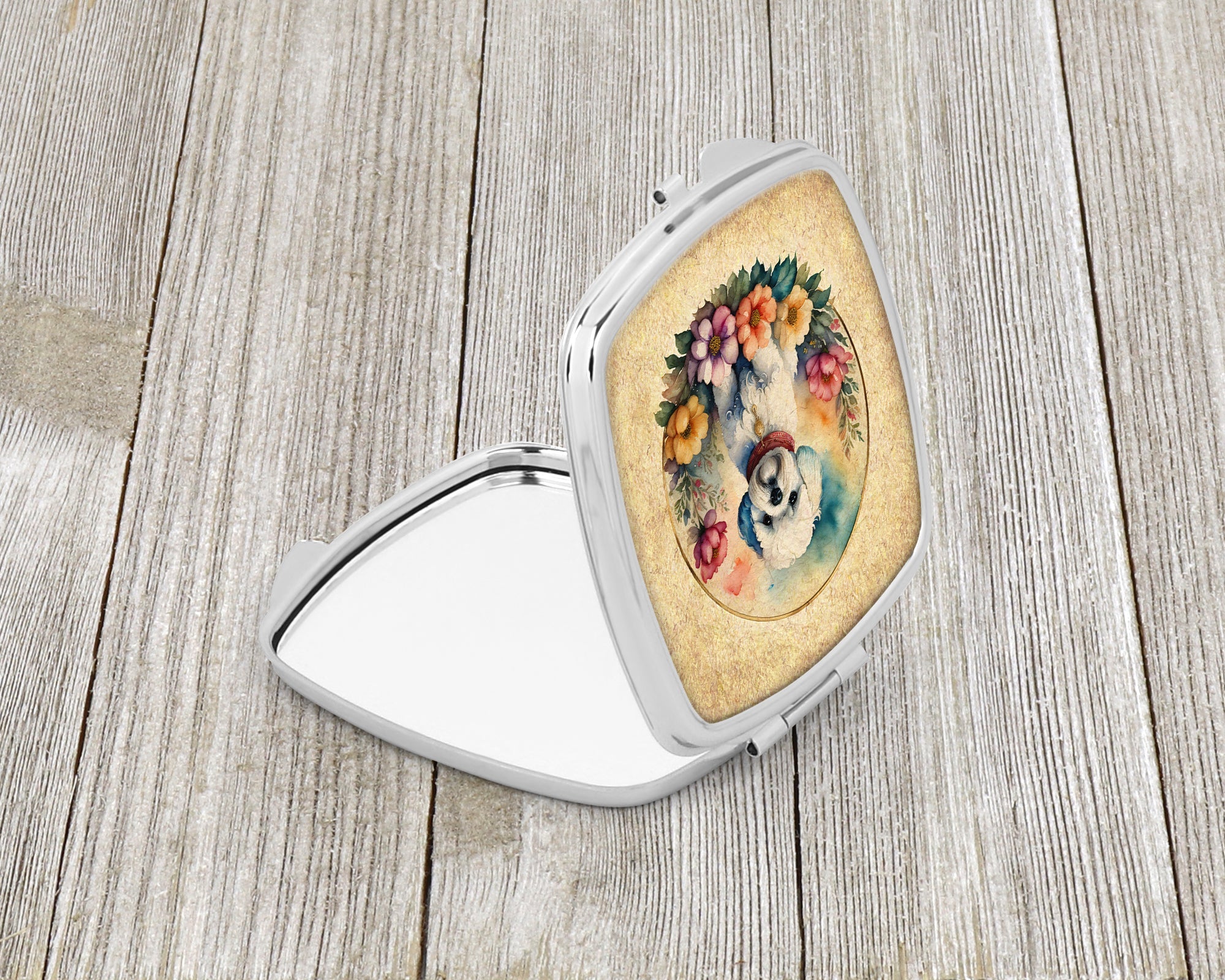 Bichon Frise and Flowers Compact Mirror Decorative Travel Makeup Mirror for Women Girls Gifts Pocket Makeup Mirror Folding Handheld