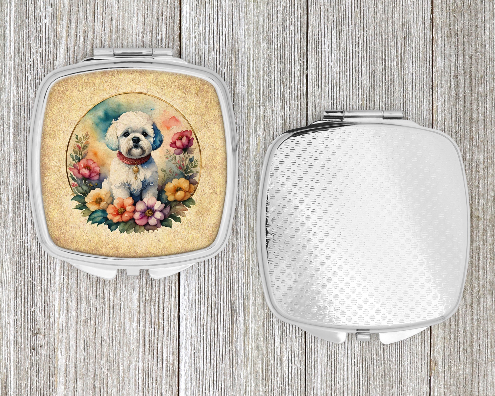 Bichon Frise and Flowers Compact Mirror Decorative Travel Makeup Mirror for Women Girls Gifts Pocket Makeup Mirror Folding Handheld