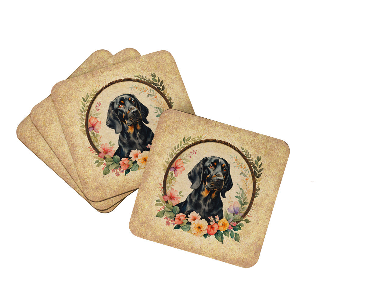 Black and Tan Coonhound and Flowers Foam Coasters Set of 4 Cup Coasters for Indoor Outdoor, Tabletop Protection, Anti Slip, Mouse pad Material