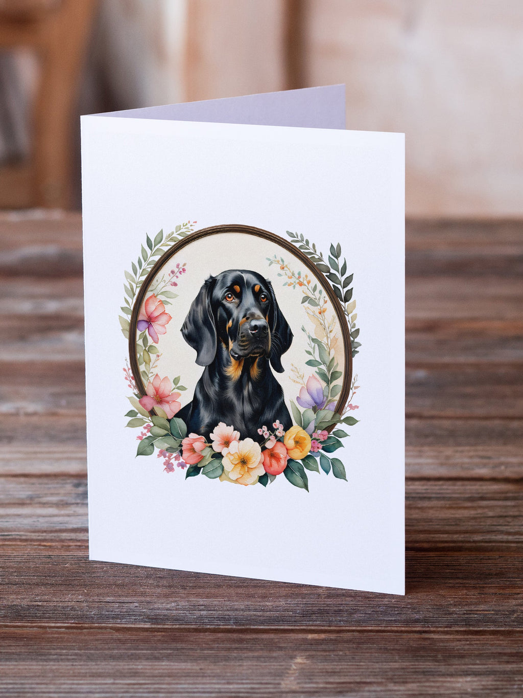 Black and Tan Coonhound and Flowers Greeting Cards Pack of 8 Blank Cards with Envelopes Whimsical A7 Size 5x7