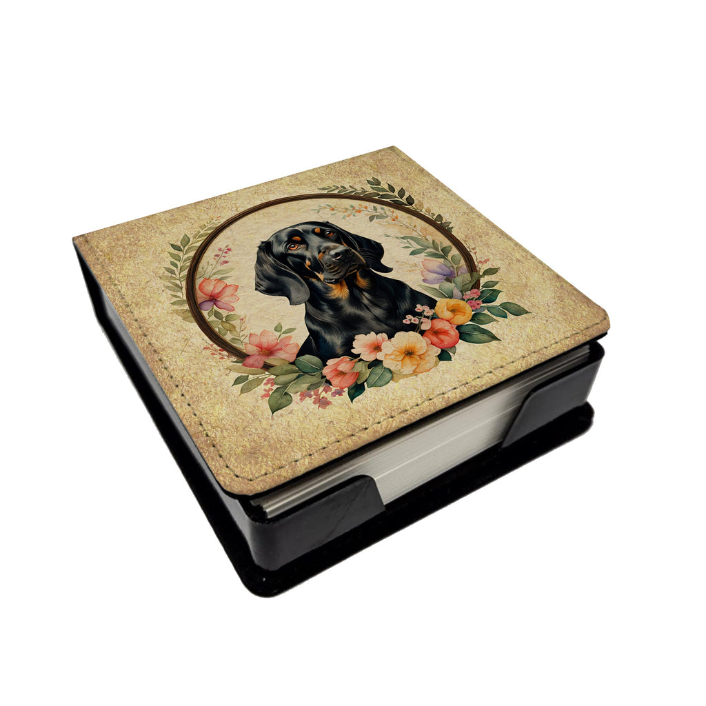 Black and Tan Coonhound and Flowers PU Leather Note Paper Holder with Artist-Designed Cover, Desk Accessory, Office Gift