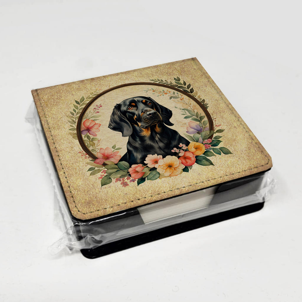 Black and Tan Coonhound and Flowers PU Leather Note Paper Holder with Artist-Designed Cover, Desk Accessory, Office Gift
