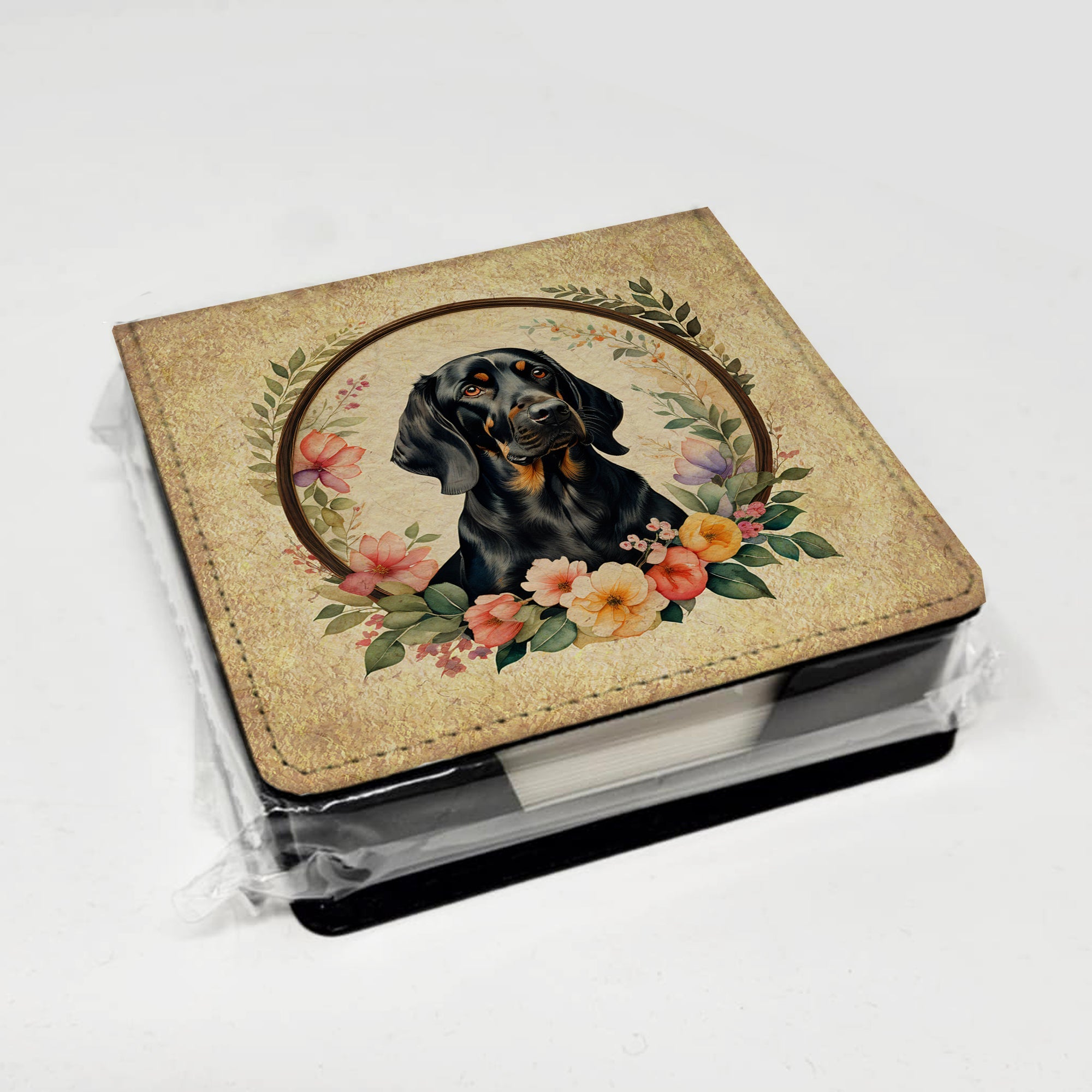 Black and Tan Coonhound and Flowers PU Leather Note Paper Holder with Artist-Designed Cover, Desk Accessory, Office Gift