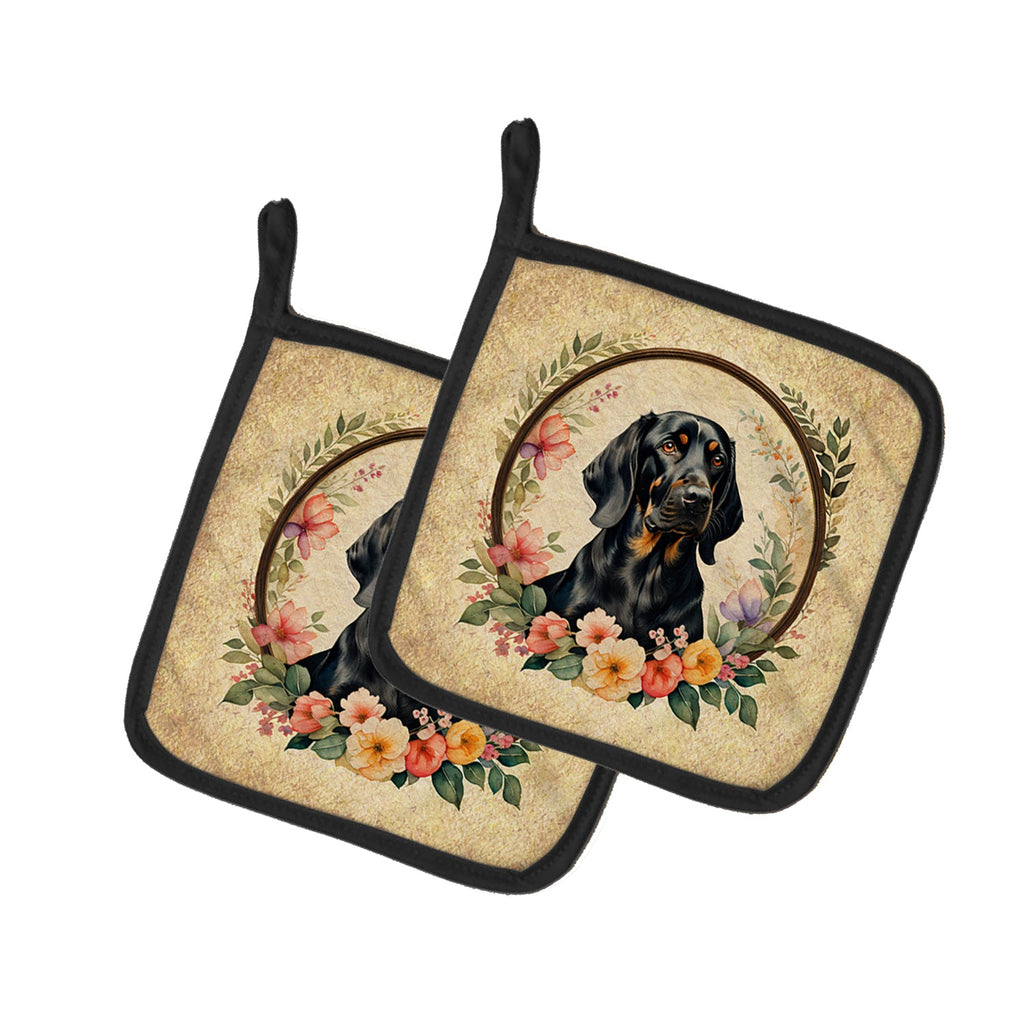 Black and Tan Coonhound and Flowers Pot Holder Set of 2 Heat Resistant Quilted Hot Pads 7.5 x 7.5 Inch, Insulated Kitchen Trivets for Cooking & Baking