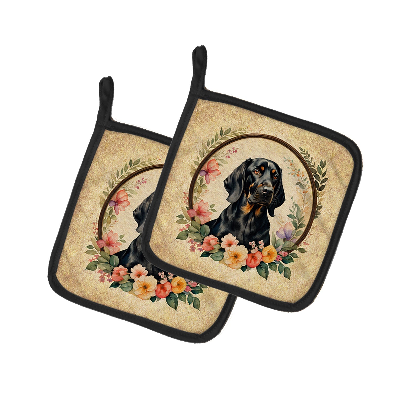 Black and Tan Coonhound and Flowers Pot Holder Set of 2 Heat Resistant Quilted Hot Pads 7.5 x 7.5 Inch, Insulated Kitchen Trivets for Cooking & Baking