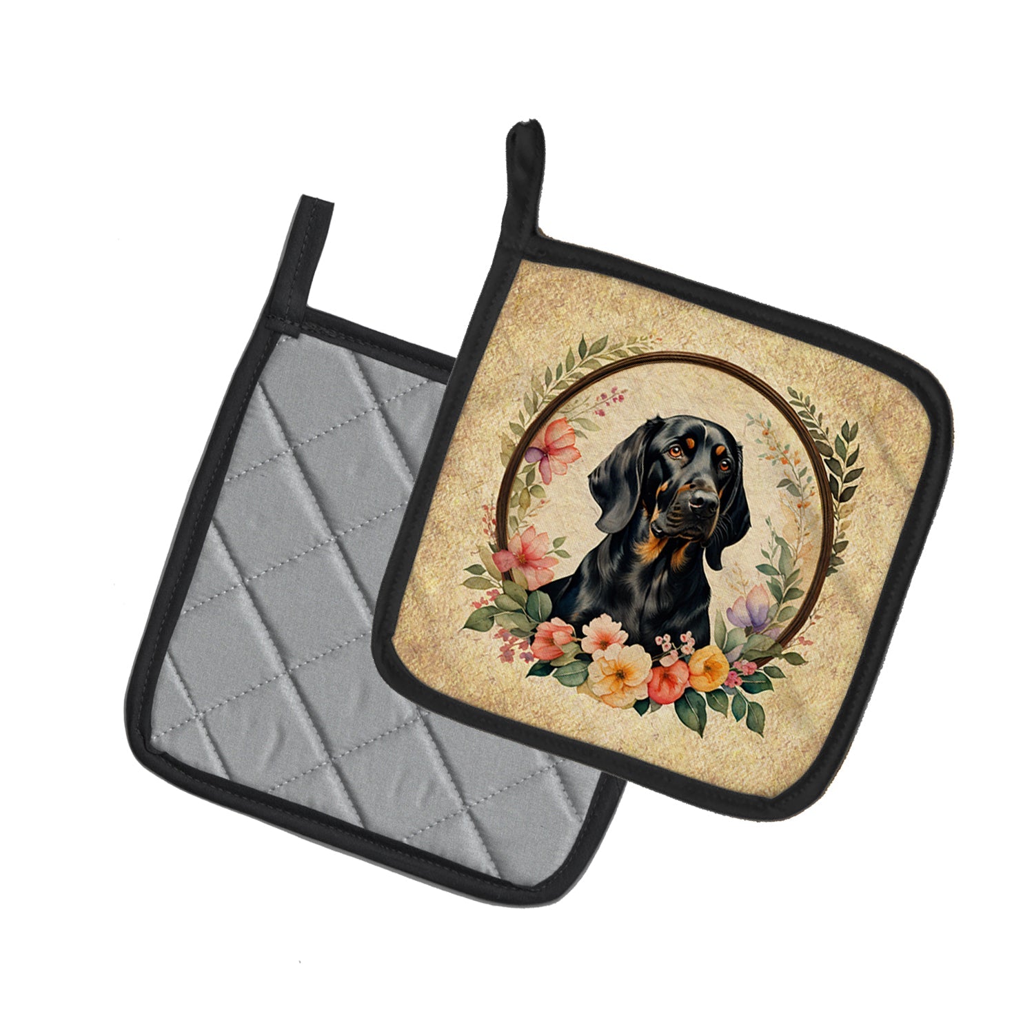 Black and Tan Coonhound and Flowers Pot Holder Set of 2 Heat Resistant Quilted Hot Pads 7.5 x 7.5 Inch, Insulated Kitchen Trivets for Cooking & Baking
