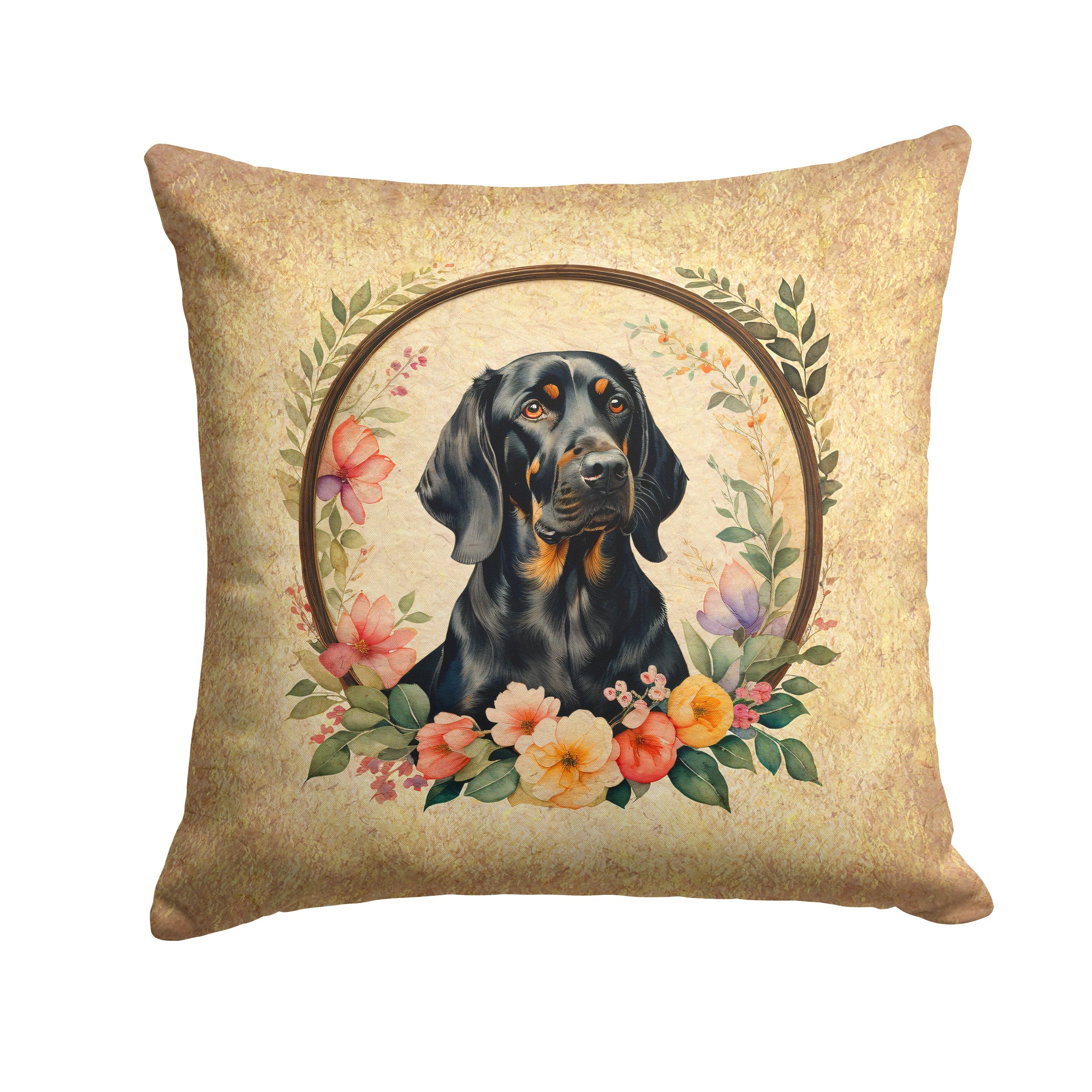 Black and Tan Coonhound and Flowers Decorative Throw Pillow 14x14 Indoor Outdoor Accent Cushion, Fabric Cover with Insert for Sofa, Bed, Porch & Living Room
