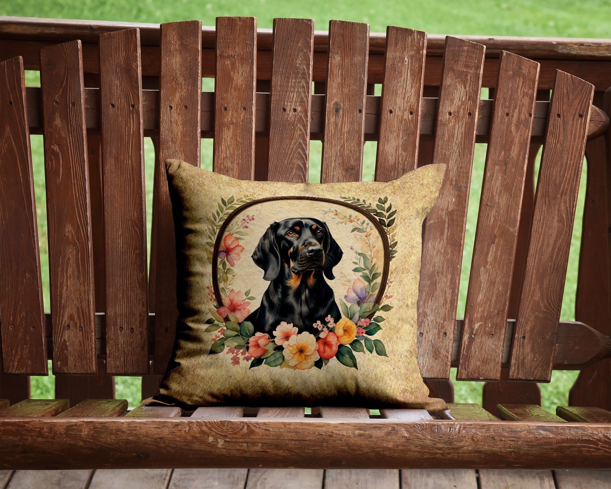 Black and Tan Coonhound and Flowers Decorative Throw Pillow 14x14 Indoor Outdoor Accent Cushion, Fabric Cover with Insert for Sofa, Bed, Porch & Living Room