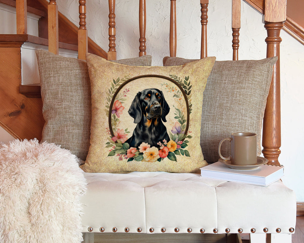 Black and Tan Coonhound and Flowers Decorative Throw Pillow 14x14 Indoor Outdoor Accent Cushion, Fabric Cover with Insert for Sofa, Bed, Porch & Living Room