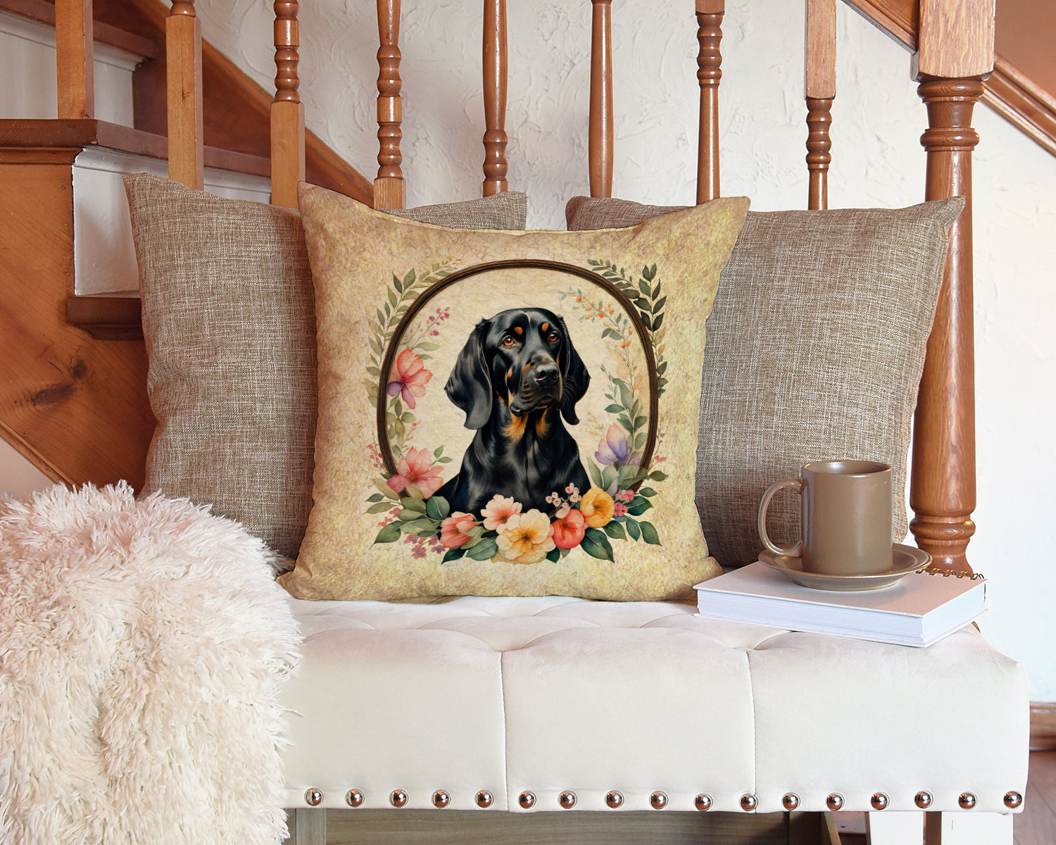 Black and Tan Coonhound and Flowers Decorative Throw Pillow 14x14 Indoor Outdoor Accent Cushion, Fabric Cover with Insert for Sofa, Bed, Porch & Living Room
