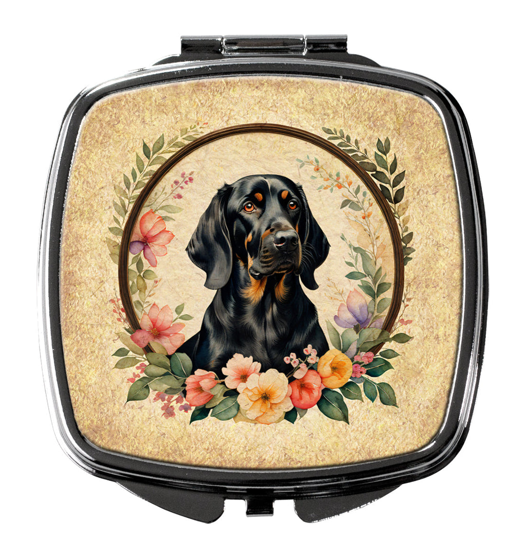 Black and Tan Coonhound and Flowers Compact Mirror Decorative Travel Makeup Mirror for Women Girls Gifts Pocket Makeup Mirror Folding Handheld