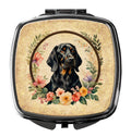 Black and Tan Coonhound and Flowers Compact Mirror Decorative Travel Makeup Mirror for Women Girls Gifts Pocket Makeup Mirror Folding Handheld